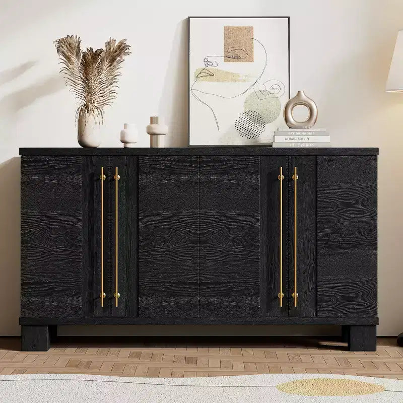 Elegante aparador buffet con estantes ajustables y tiradores dorados