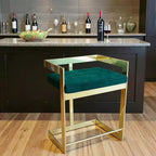 Silla de bar de 30 pulgadas, altura de barra, baja, de metal verde y dorado y terciopelo