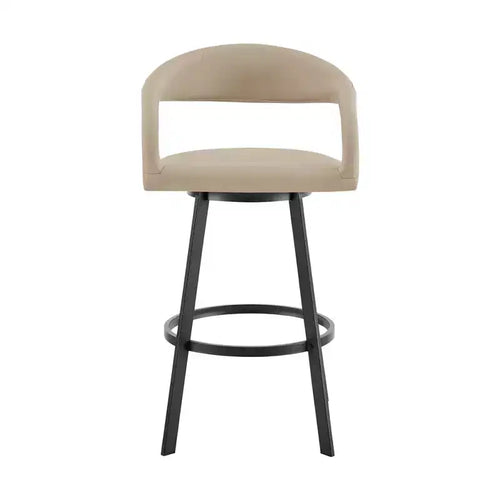 HomeRoots 30 Beige and Black Faux Leather and Iron Low Back Bar Height Swivel Bar Chair