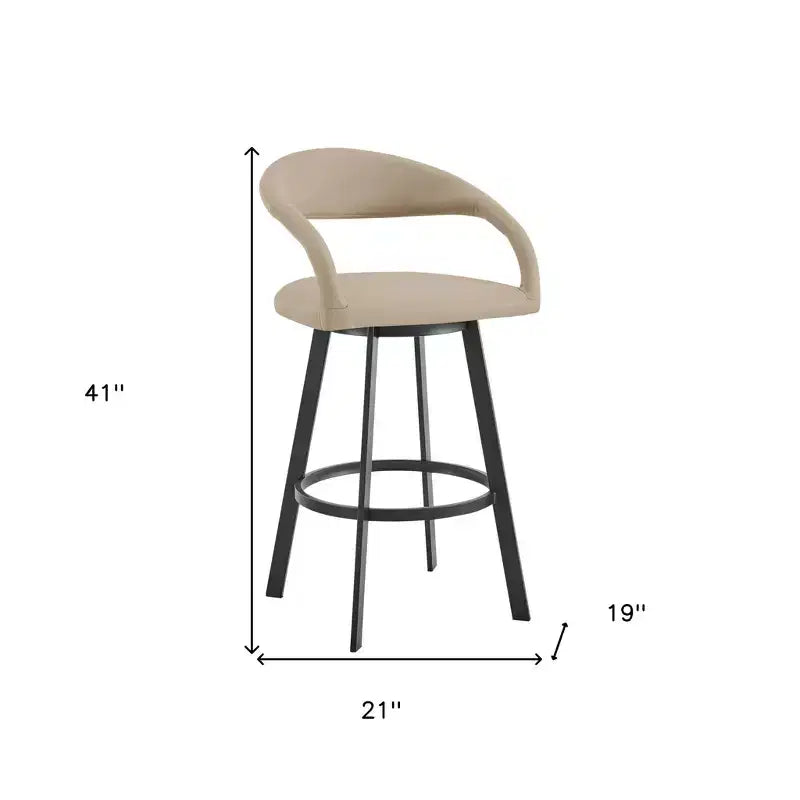 Taburete de bar giratorio de altura de barra, de 30 pulgadas, con respaldo bajo, de piel sintética beige y negra, y hierro.