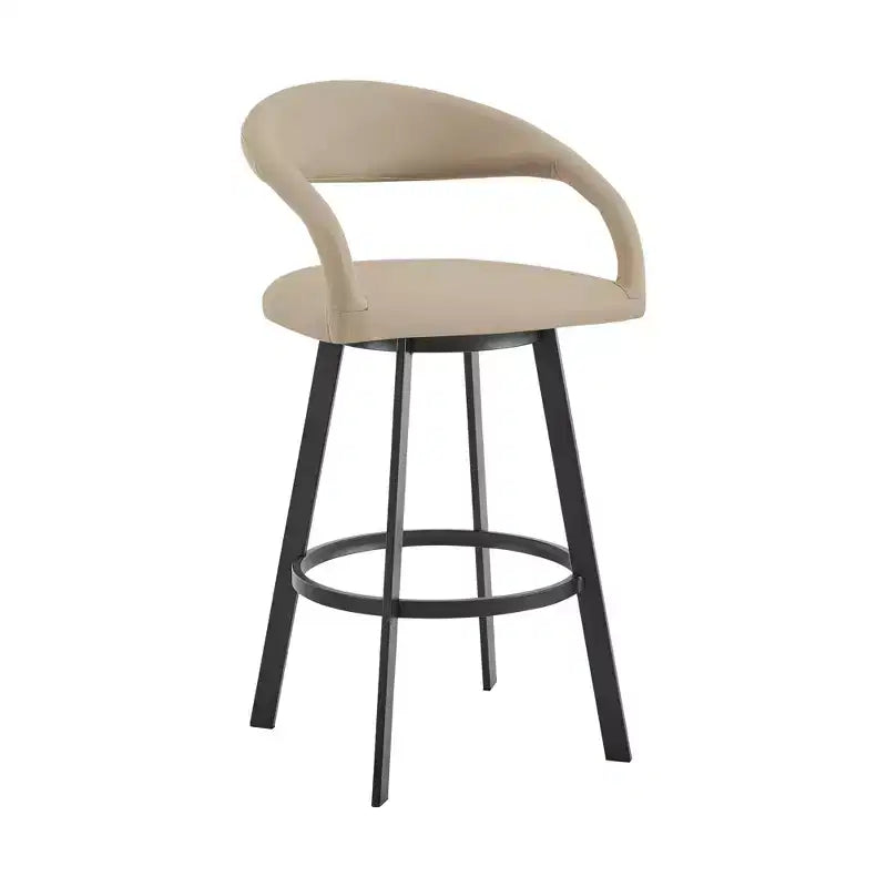 Taburete de bar giratorio de altura de barra, de 30 pulgadas, con respaldo bajo, de piel sintética beige y negra, y hierro.