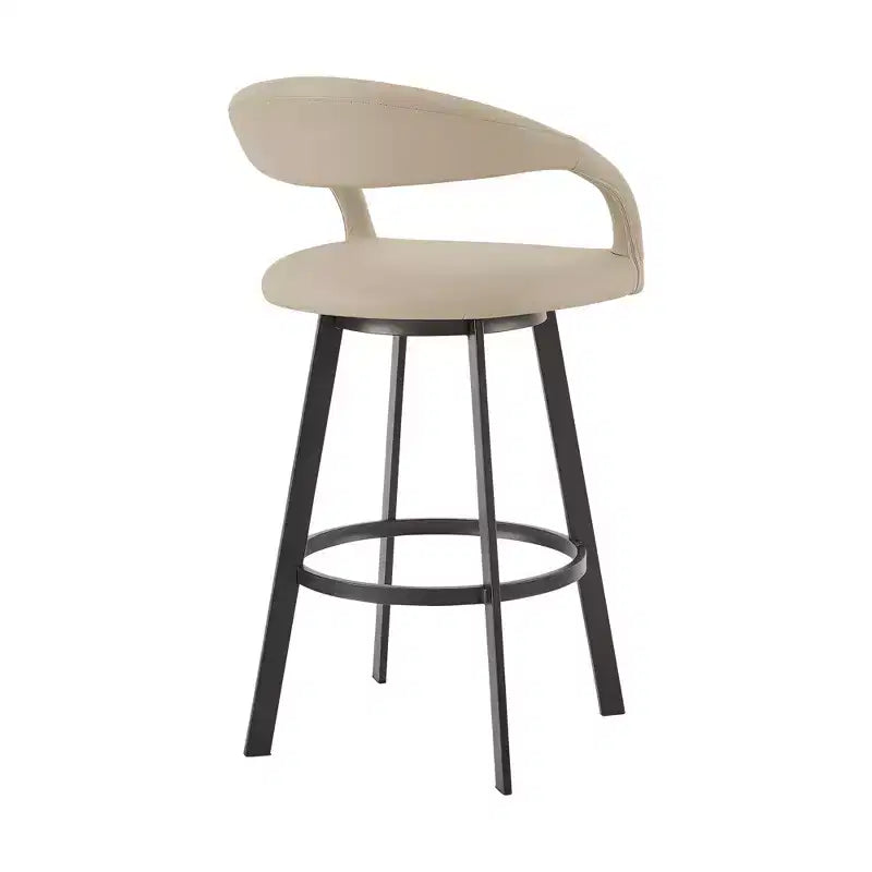 Taburete de bar giratorio de altura de barra, de 30 pulgadas, con respaldo bajo, de piel sintética beige y negra, y hierro.