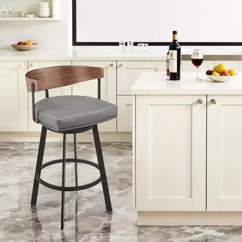 Taburete de bar giratorio de altura de barra con respaldo bajo de piel sintética gris, marrón y negra y hierro de 30 pulgadas