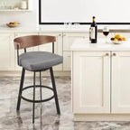 Taburete de bar giratorio de altura de barra con respaldo bajo de piel sintética gris, marrón y negra y hierro de 30 pulgadas