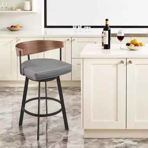 Taburete de bar giratorio de altura de barra con respaldo bajo de piel sintética gris, marrón y negra y hierro de 30 pulgadas