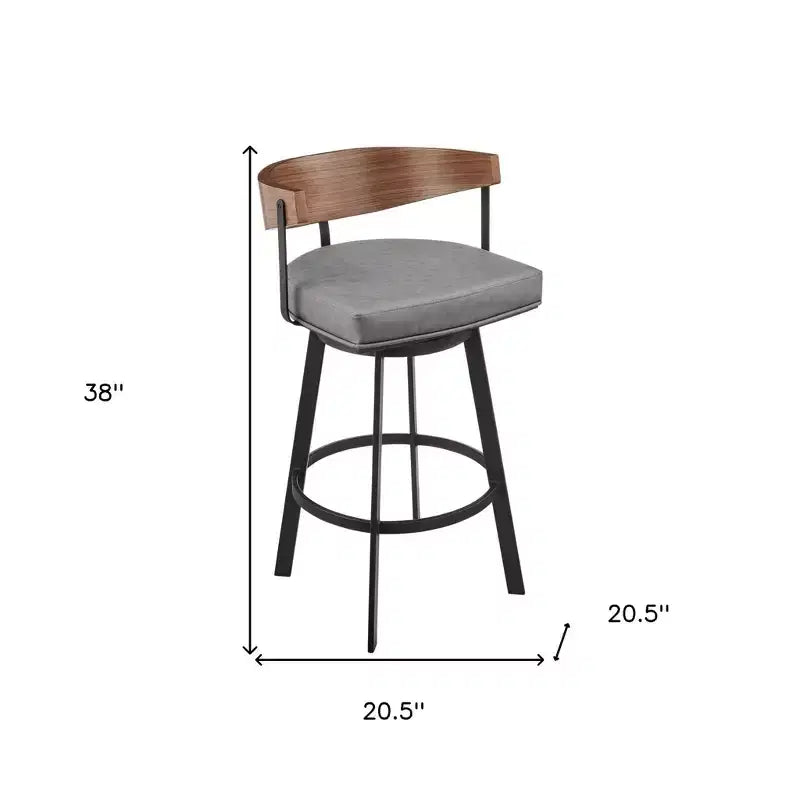 Taburete de bar giratorio de altura de barra con respaldo bajo de piel sintética gris, marrón y negra y hierro de 30 pulgadas