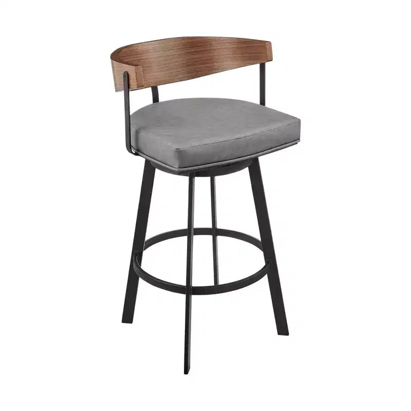 Taburete de bar giratorio de altura de barra con respaldo bajo de piel sintética gris, marrón y negra y hierro de 30 pulgadas