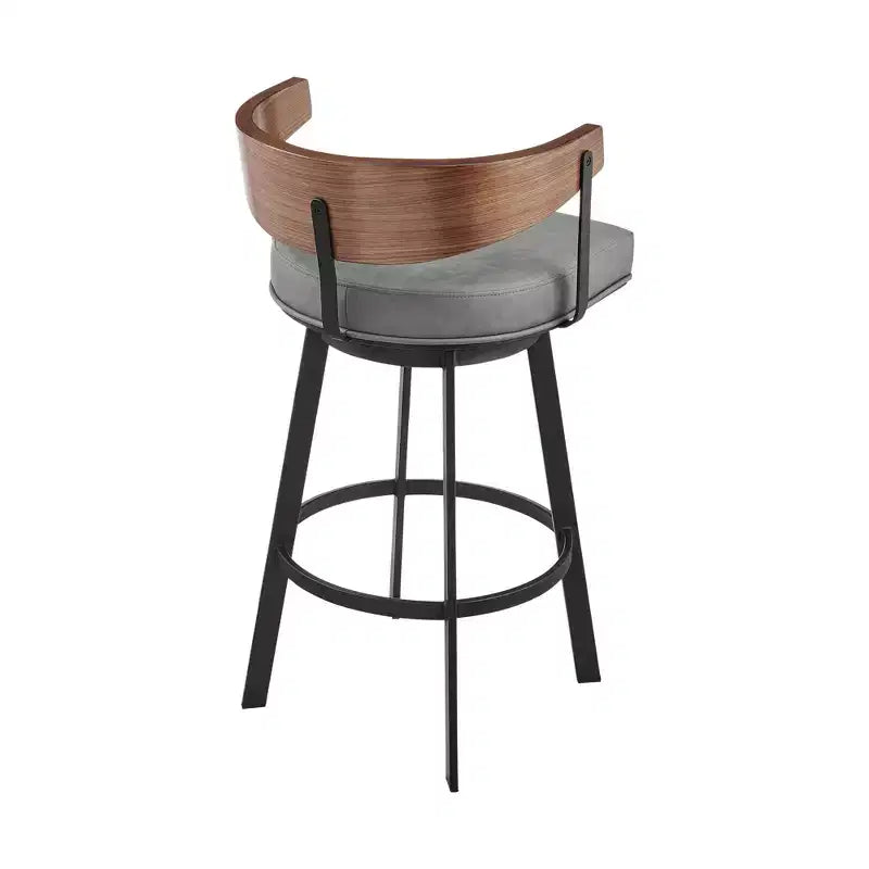 Taburete de bar giratorio de altura de barra con respaldo bajo de piel sintética gris, marrón y negra y hierro de 30 pulgadas