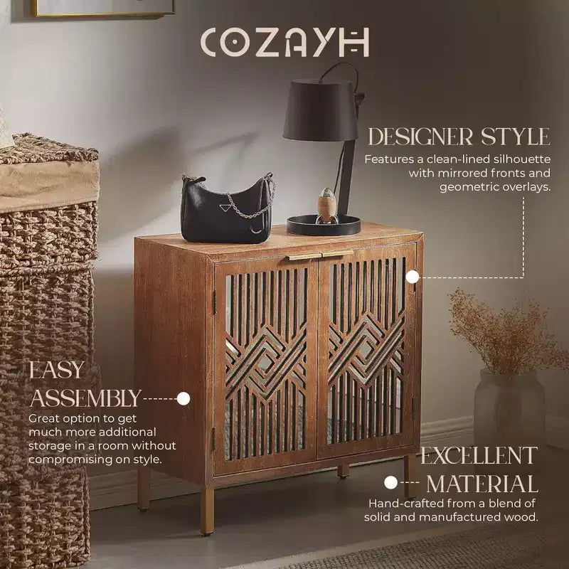 Mueble acentuado moderno de 2 puertas con frontal de espejo, almacenamiento para recibidor o sala de estar, acabado de madera con patas de metal
