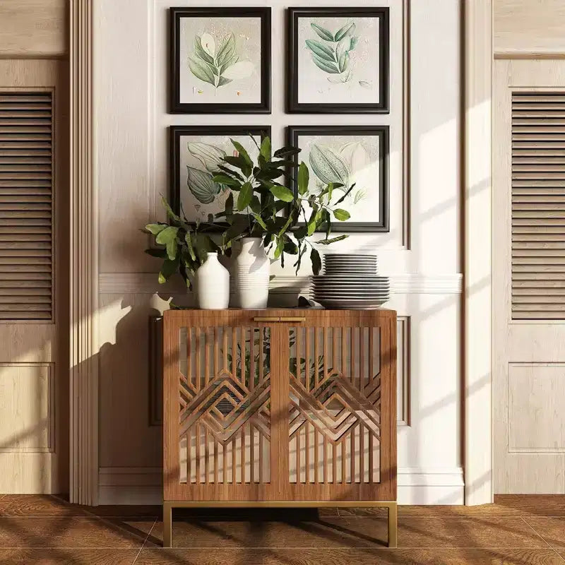 Mueble acentuado moderno de 2 puertas con frontal de espejo, almacenamiento para recibidor o sala de estar, acabado de madera con patas de metal