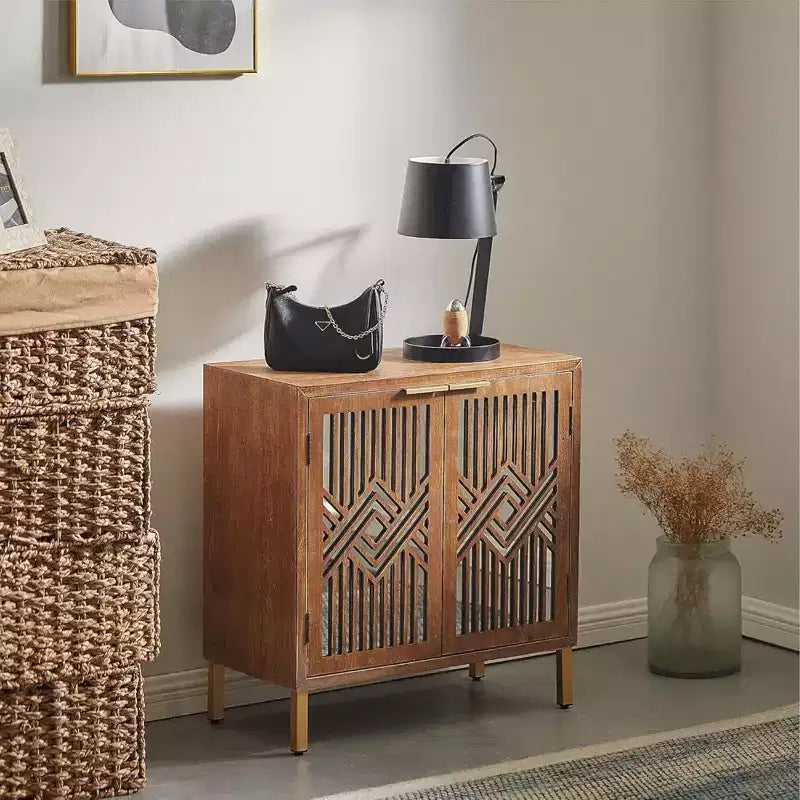 Mueble acentuado moderno de 2 puertas con frontal de espejo, almacenamiento para recibidor o sala de estar, acabado de madera con patas de metal