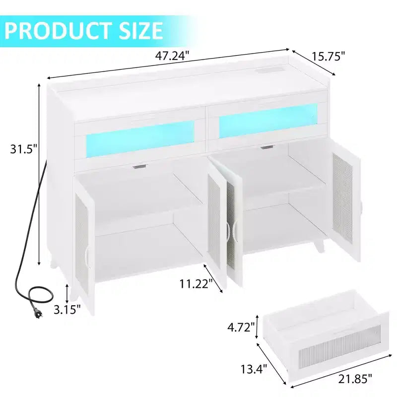 Aparador de bufé pequeño, armario de almacenamiento de cocina de 47 pulgadas con estación de carga, luces LED y cajones, estación de café de madera con almacenamiento