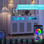 Aparador de bufé pequeño, armario de almacenamiento de cocina de 47 pulgadas con estación de carga, luces LED y cajones, estación de café de madera con almacenamiento