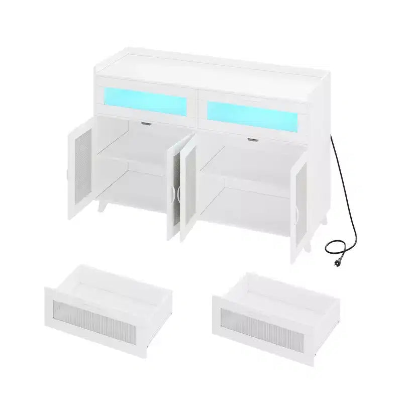 Aparador de bufé pequeño, armario de almacenamiento de cocina de 47 pulgadas con estación de carga, luces LED y cajones, estación de café de madera con almacenamiento