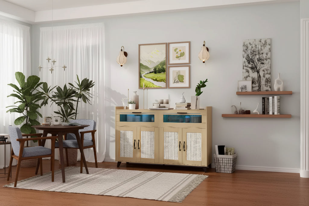 Aparador de bufé pequeño, armario de almacenamiento de cocina de 47 pulgadas con estación de carga, luces LED y cajones, estación de café de madera con almacenamiento