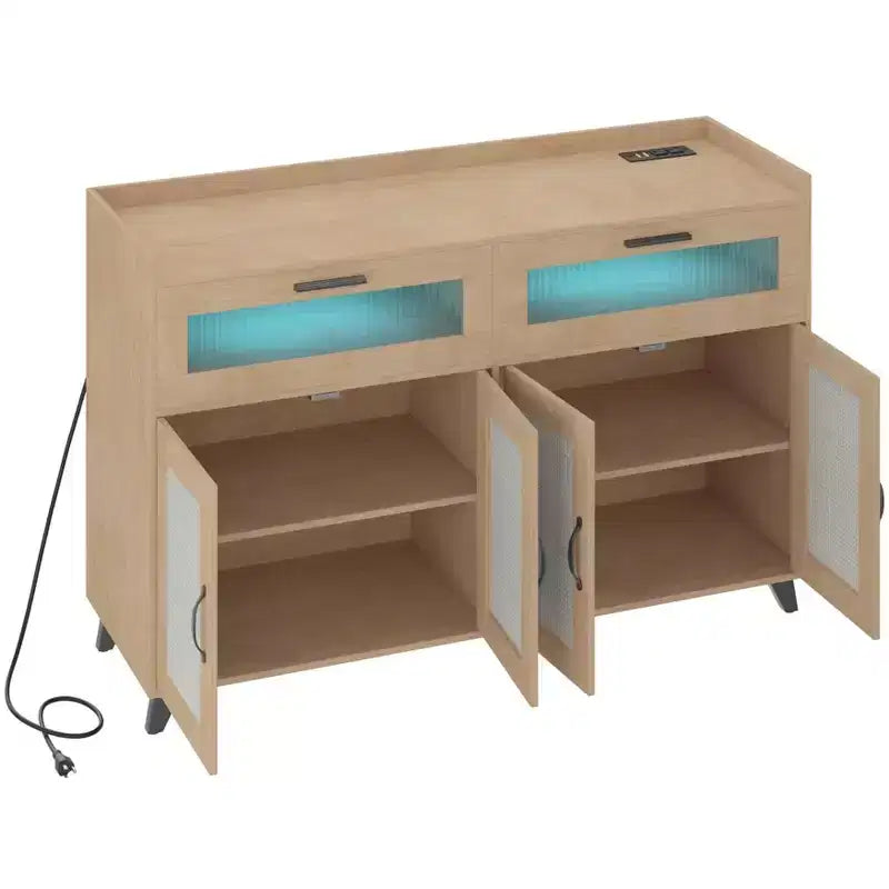 Aparador de bufé pequeño, armario de almacenamiento de cocina de 47 pulgadas con estación de carga, luces LED y cajones, estación de café de madera con almacenamiento
