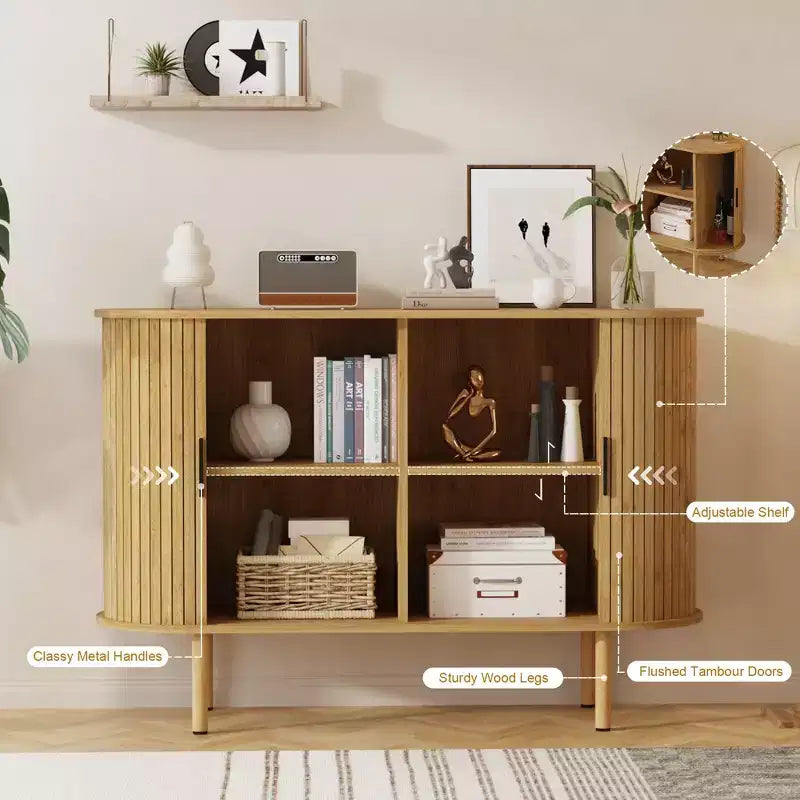 Aparador de 47", Tres estantes de altura ajustable, Puerta corredera, Armario auxiliar moderno de mediados de siglo para cocina, sala de estar, entrada