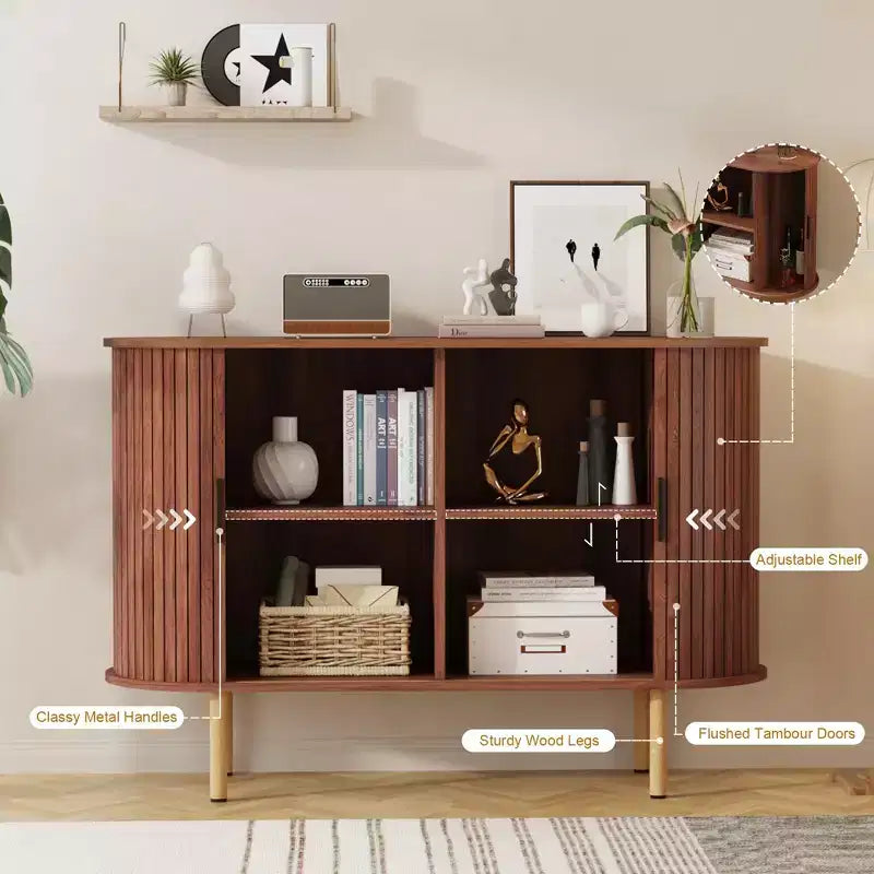 Aparador de 47", Tres estantes de altura ajustable, Puerta corredera, Armario auxiliar moderno de mediados de siglo para cocina, sala de estar, entrada