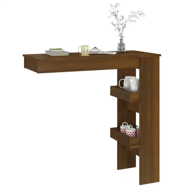 Mesa de bar de pared de roble marrón - Mesa de bar de madera de ingeniería de estilo moderno con dos compartimentos de almacenamiento - Duradera, de larga duración - Requiere montaje