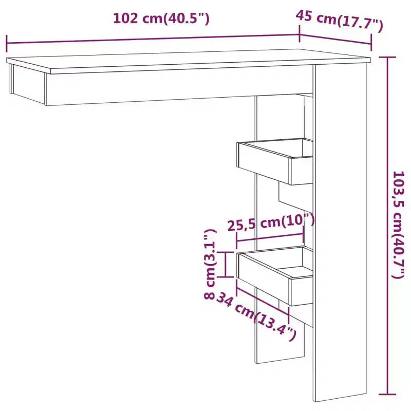 Mesa de bar de pared de roble marrón - Mesa de bar de madera de ingeniería de estilo moderno con dos compartimentos de almacenamiento - Duradera, de larga duración - Requiere montaje