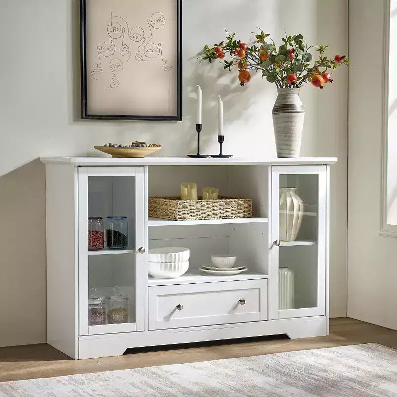 GDFStudio Pearson Modern 51 Wood and Glass Sideboard with Drawer and Adjustable Shelves