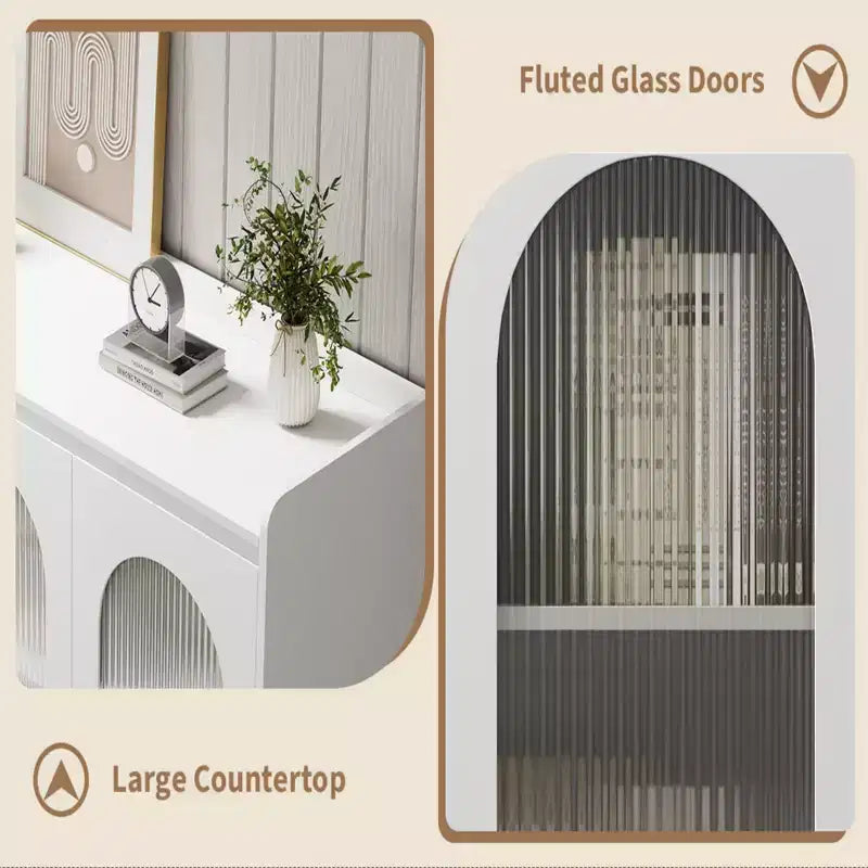 Aparador de Madera Compuesta Largo con Vidrio Arcoíris, Gabinete de Comedor con Madera Compuesta Duradera, Diseño Elegante de Vidrio, Amplio Almacenamiento, Estilo Moderno