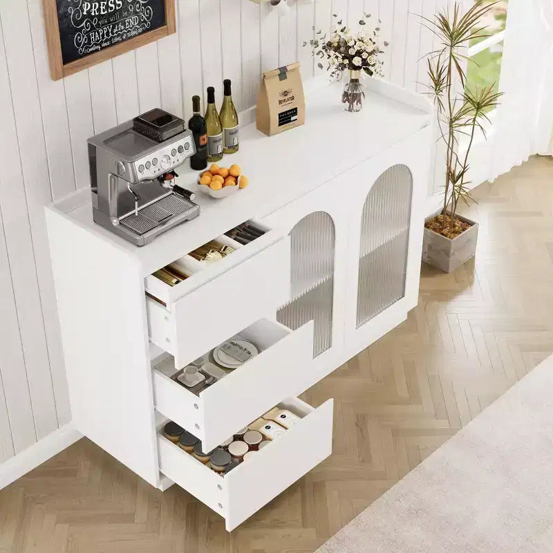 Aparador de Madera Compuesta Largo con Vidrio Arcoíris, Gabinete de Comedor con Madera Compuesta Duradera, Diseño Elegante de Vidrio, Amplio Almacenamiento, Estilo Moderno