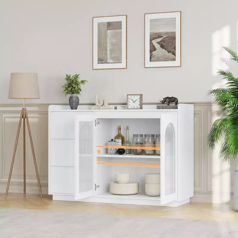 Aparador de Madera Compuesta Largo con Vidrio Arcoíris, Gabinete de Comedor con Madera Compuesta Duradera, Diseño Elegante de Vidrio, Amplio Almacenamiento, Estilo Moderno