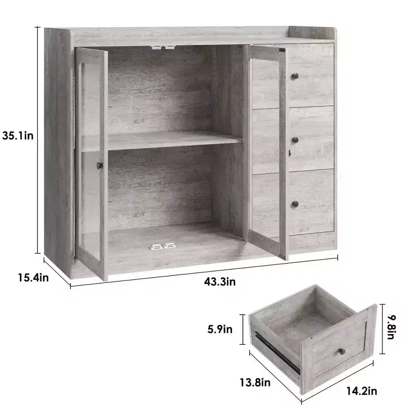 Mueble aparador con almacenamiento de 43 pulgadas, aparador moderno para cocina con diseño de barandilla y estantes ajustables, y 3 cajones, mesa de buffet de madera