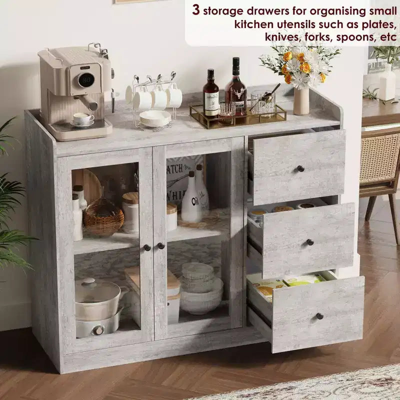 Mueble aparador con almacenamiento de 43 pulgadas, aparador moderno para cocina con diseño de barandilla y estantes ajustables, y 3 cajones, mesa de buffet de madera
