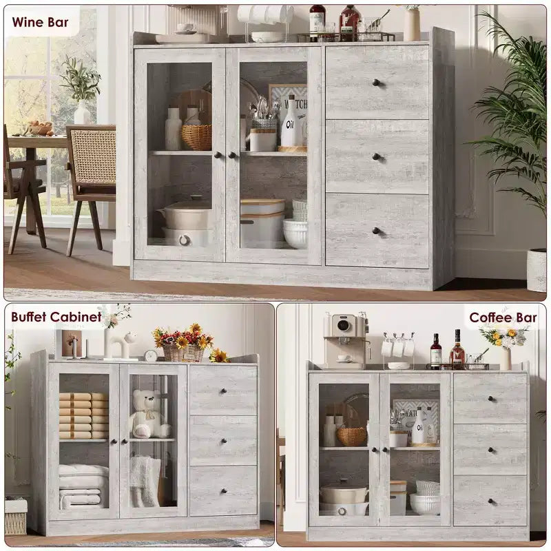 Mueble aparador con almacenamiento de 43 pulgadas, aparador moderno para cocina con diseño de barandilla y estantes ajustables, y 3 cajones, mesa de buffet de madera