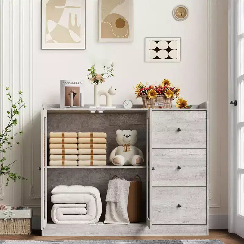Mueble aparador con almacenamiento de 43 pulgadas, aparador moderno para cocina con diseño de barandilla y estantes ajustables, y 3 cajones, mesa de buffet de madera
