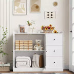 Mueble aparador con almacenamiento de 43 pulgadas, aparador moderno para cocina con diseño de barandilla y estantes ajustables, y 3 cajones, mesa de buffet de madera