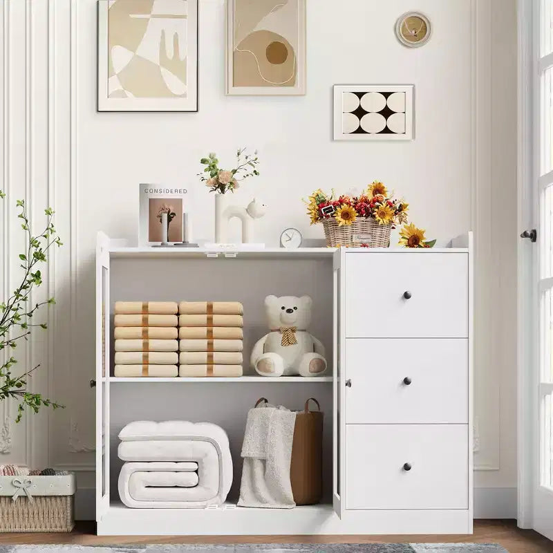 Mueble aparador con almacenamiento de 43 pulgadas, aparador moderno para cocina con diseño de barandilla y estantes ajustables, y 3 cajones, mesa de buffet de madera
