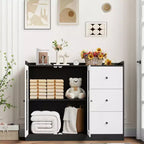 Mueble aparador con almacenamiento de 43 pulgadas, aparador moderno para cocina con diseño de barandilla y estantes ajustables, y 3 cajones, mesa de buffet de madera
