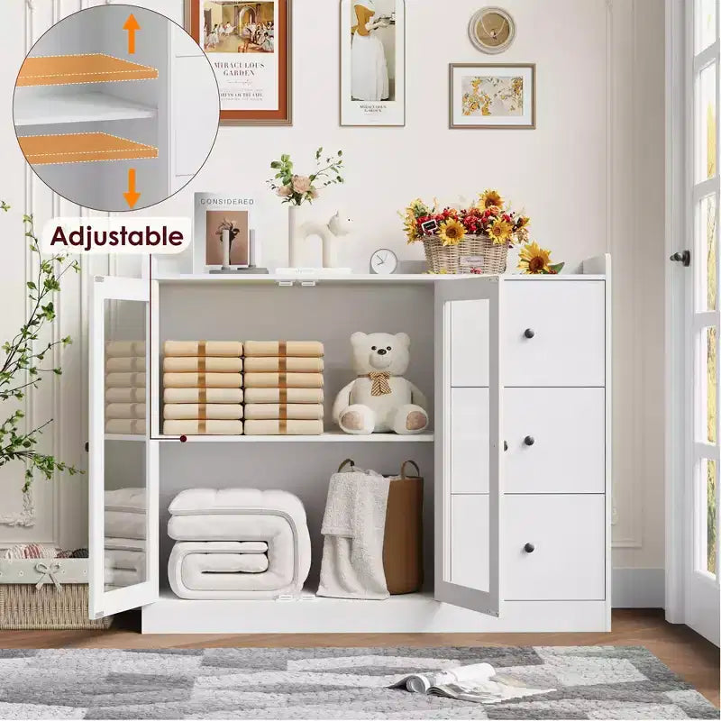 Mueble aparador con almacenamiento de 43 pulgadas, aparador moderno para cocina con diseño de barandilla y estantes ajustables, y 3 cajones, mesa de buffet de madera