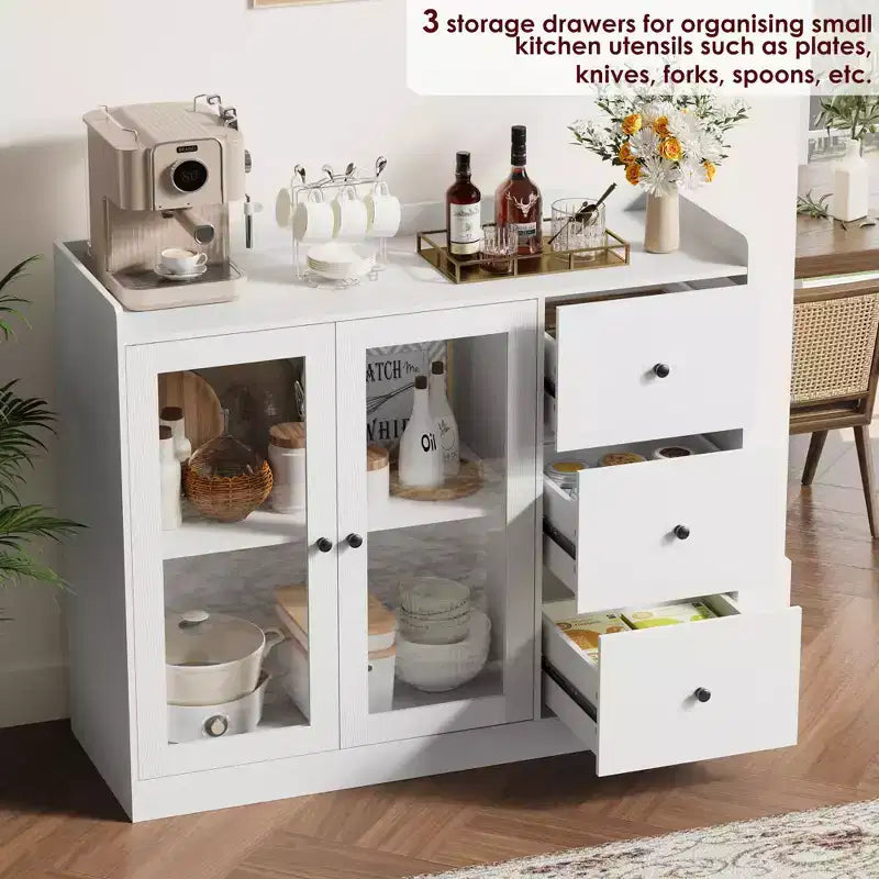 Mueble aparador con almacenamiento de 43 pulgadas, aparador moderno para cocina con diseño de barandilla y estantes ajustables, y 3 cajones, mesa de buffet de madera
