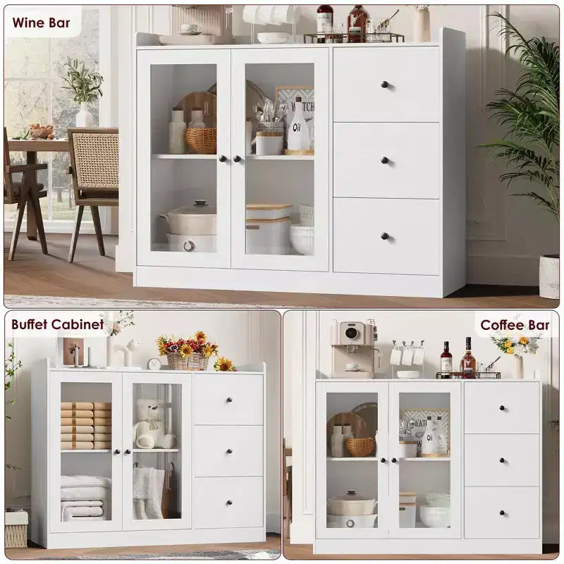Mueble aparador con almacenamiento de 43 pulgadas, aparador moderno para cocina con diseño de barandilla y estantes ajustables, y 3 cajones, mesa de buffet de madera