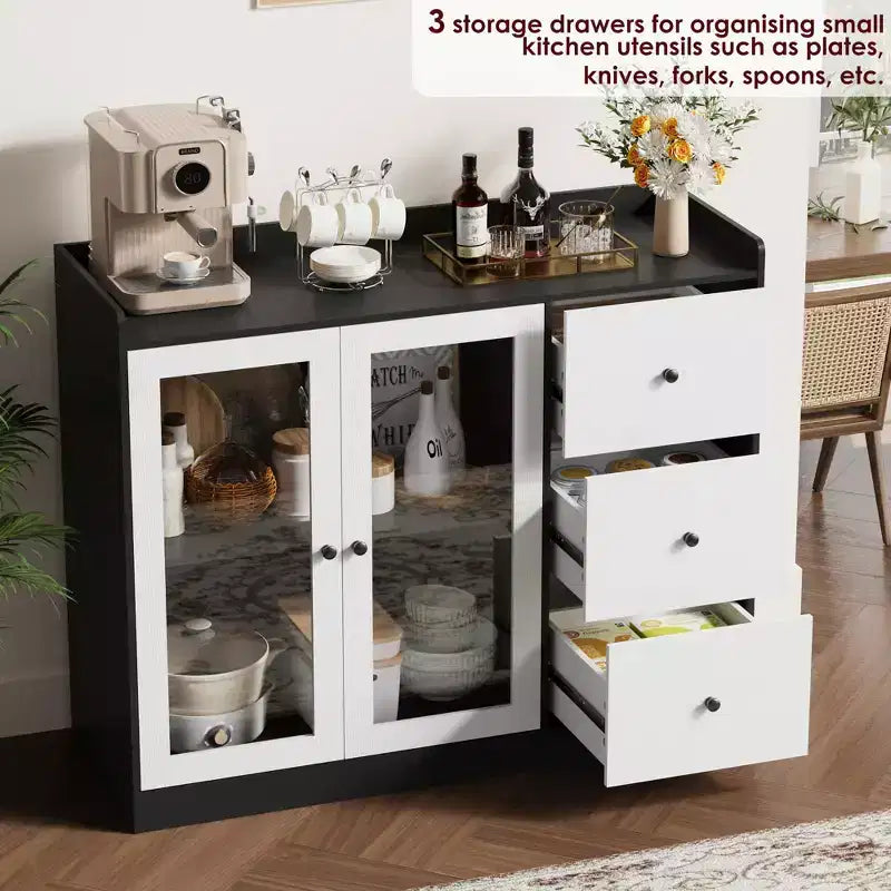 Mueble aparador con almacenamiento de 43 pulgadas, aparador moderno para cocina con diseño de barandilla y estantes ajustables, y 3 cajones, mesa de buffet de madera