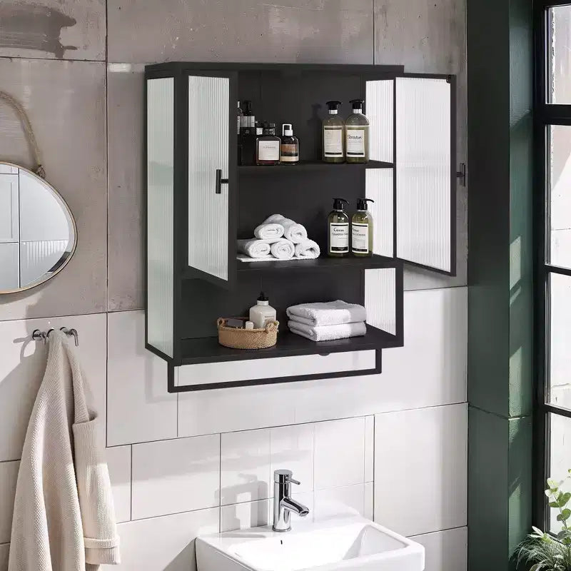 Armario de pared moderno de 2 puertas Okak con almacenamiento de 2 niveles y estante abierto, toallero para entrada/comedor/sala de estar/cocina