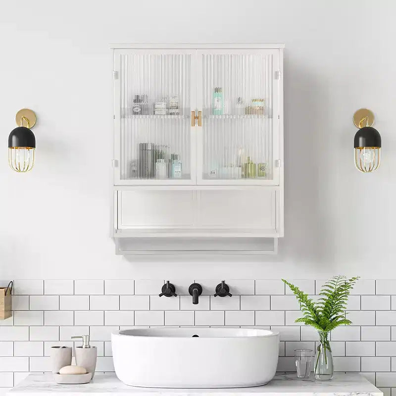Armario de pared moderno de 2 puertas Okak con almacenamiento de 2 niveles y estante abierto, toallero para entrada/comedor/sala de estar/cocina