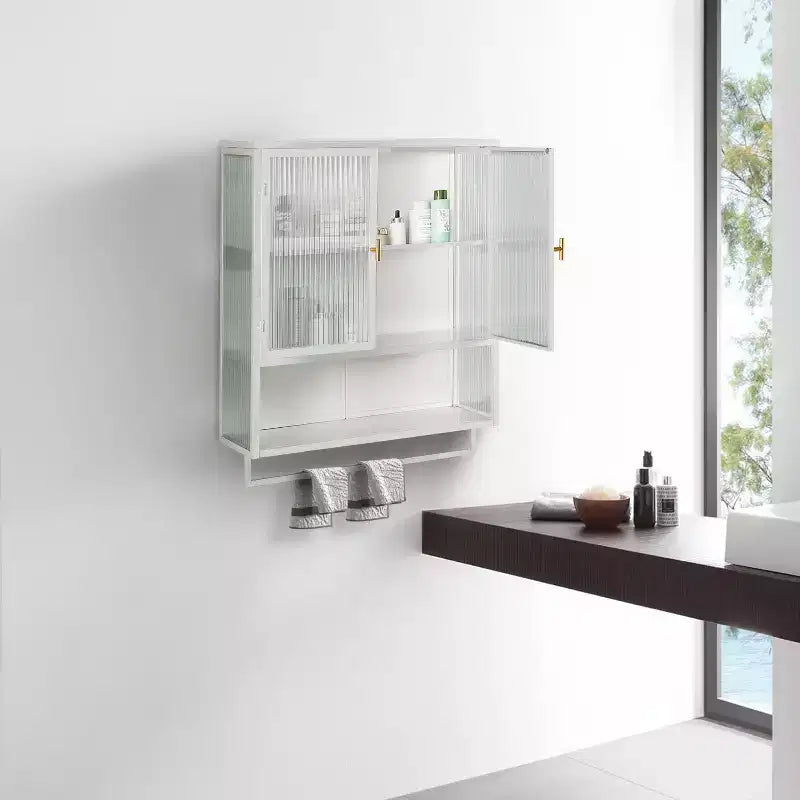 Armario de pared moderno de 2 puertas Okak con almacenamiento de 2 niveles y estante abierto, toallero para entrada/comedor/sala de estar/cocina