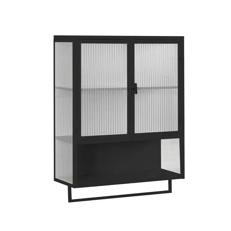 Armario de pared moderno de 2 puertas Okak con almacenamiento de 2 niveles y estante abierto, toallero para entrada/comedor/sala de estar/cocina