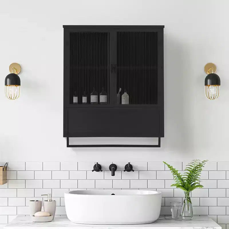 Armario de pared moderno de 2 puertas Okak con almacenamiento de 2 niveles y estante abierto, toallero para entrada/comedor/sala de estar/cocina