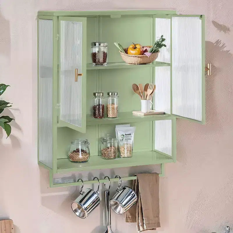 Armario de pared moderno de 2 puertas Okak con almacenamiento de 2 niveles y estante abierto, toallero para entrada/comedor/sala de estar/cocina