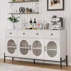 Aparador moderno de 62" con almacenamiento, 3 cajones y 4 puertas de vidrio estriado, consola de madera para cocina, comedor, barra de café