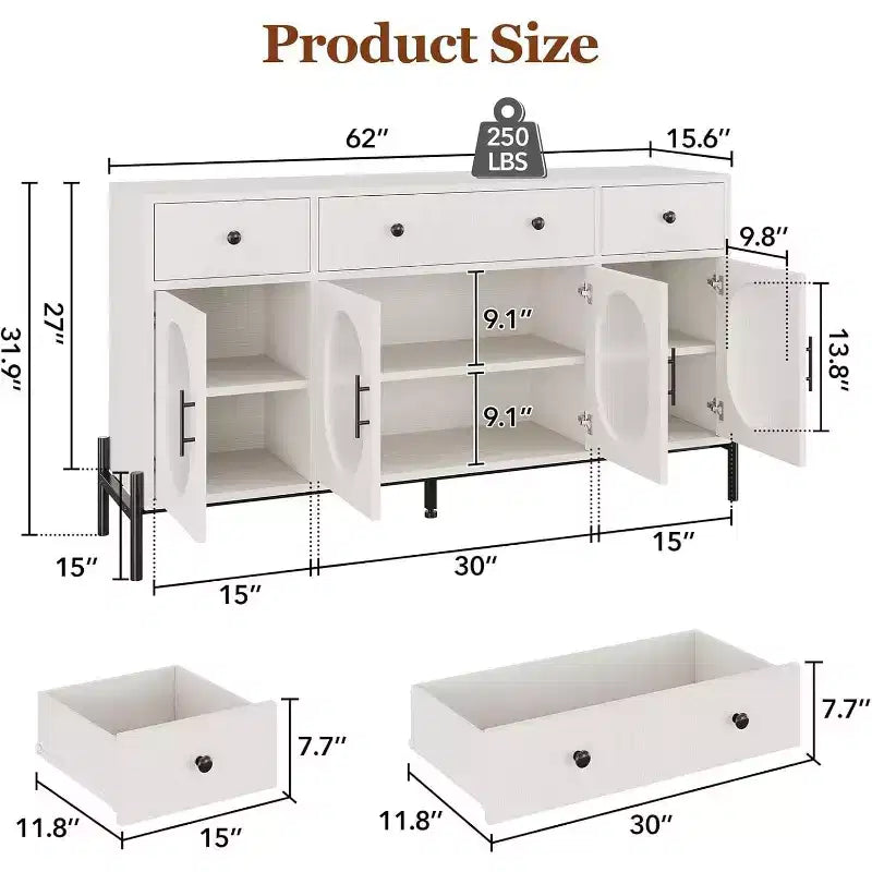 Aparador moderno de 62" con almacenamiento, 3 cajones y 4 puertas de vidrio estriado, consola de madera para cocina, comedor, barra de café