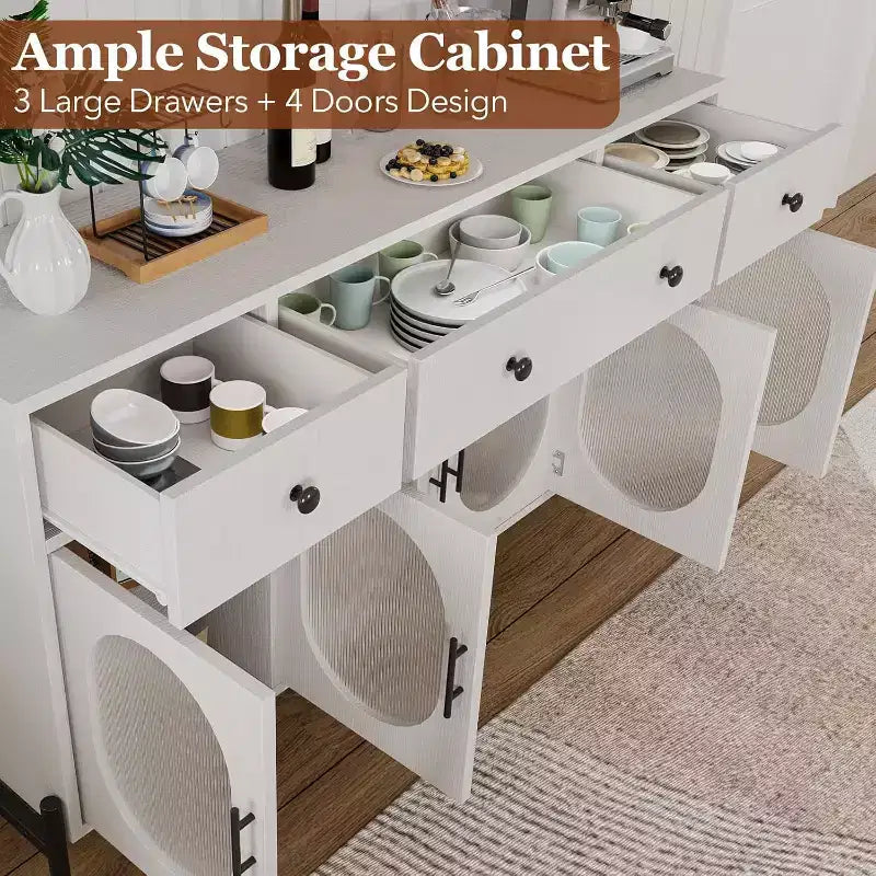 Aparador moderno de 62" con almacenamiento, 3 cajones y 4 puertas de vidrio estriado, consola de madera para cocina, comedor, barra de café