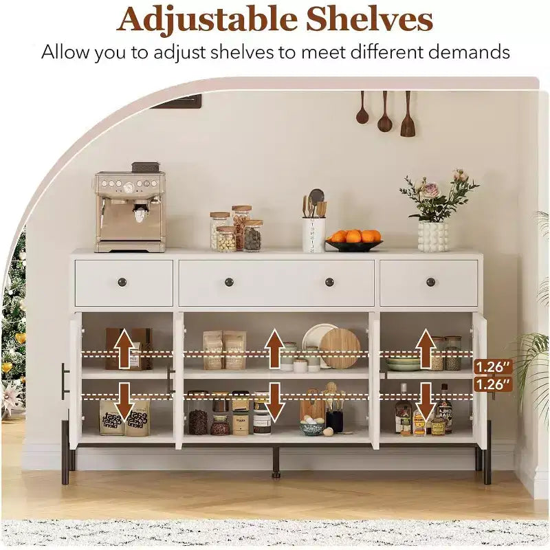 Aparador moderno de 62" con almacenamiento, 3 cajones y 4 puertas de vidrio estriado, consola de madera para cocina, comedor, barra de café