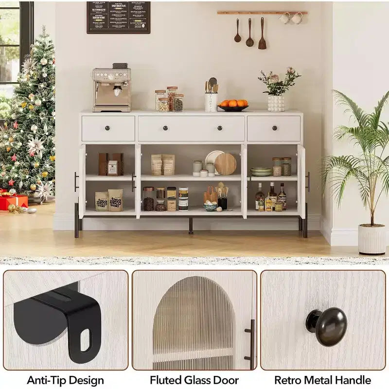 Aparador moderno de 62" con almacenamiento, 3 cajones y 4 puertas de vidrio estriado, consola de madera para cocina, comedor, barra de café